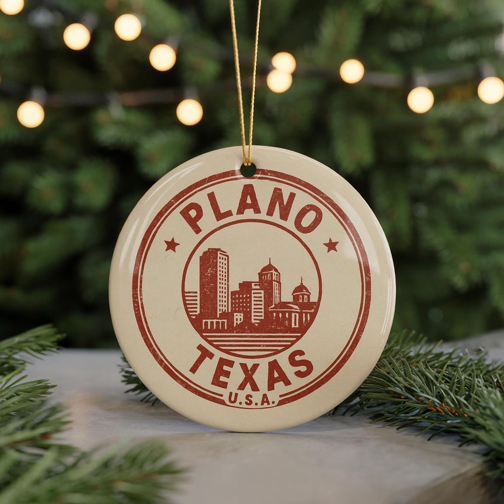 Plano Texas Ornament – Circular Stamp Style Ceramic Keepsake, Vintage City Map Design, Texas Souvenir Christmas Decoration — photo 5