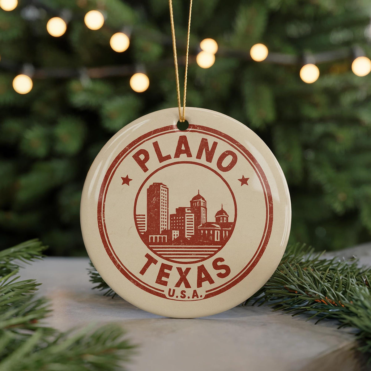 Plano Texas Ornament – Circular Stamp Style Ceramic Keepsake, Vintage City Map Design, Texas Souvenir Christmas Decoration — photo 5