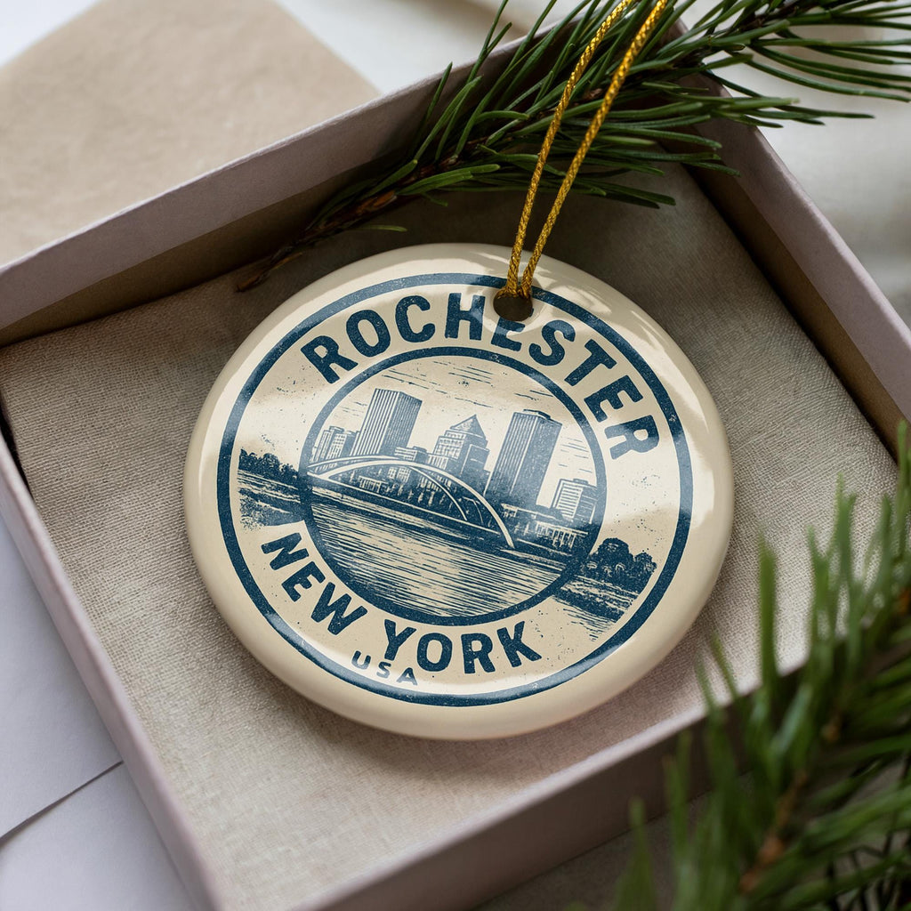 Rochester New York Ceramic Ornament – Circular Stamp Style City Souvenir, Handcrafted Travel Gift, State Pride Christmas Decor — photo 1