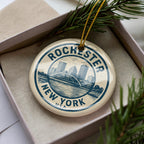 Rochester New York Ceramic Ornament – Circular Stamp Style City Souvenir, Handcrafted Travel Gift, State Pride Christmas Decor — photo 1