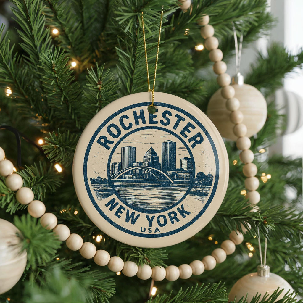 Rochester New York Ceramic Ornament – Circular Stamp Style City Souvenir, Handcrafted Travel Gift, State Pride Christmas Decor — photo 2