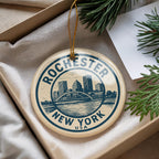 Rochester New York Ceramic Ornament – Circular Stamp Style City Souvenir, Handcrafted Travel Gift, State Pride Christmas Decor — photo 3