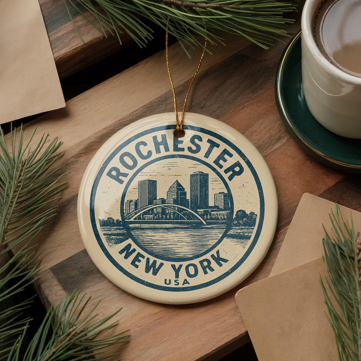Rochester New York Ceramic Ornament – Circular Stamp Style City Souvenir, Handcrafted Travel Gift, State Pride Christmas Decor — photo 4