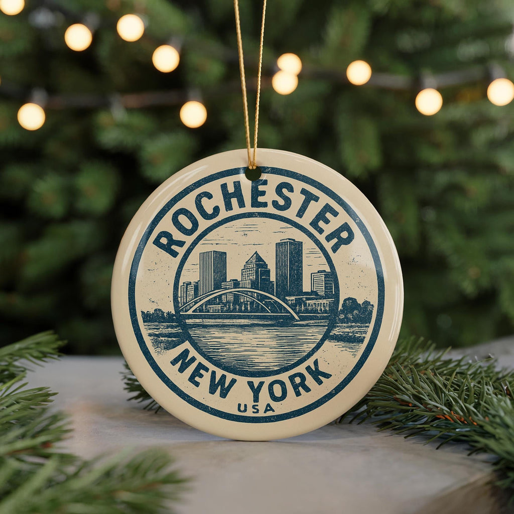 Rochester New York Ceramic Ornament – Circular Stamp Style City Souvenir, Handcrafted Travel Gift, State Pride Christmas Decor — photo 5