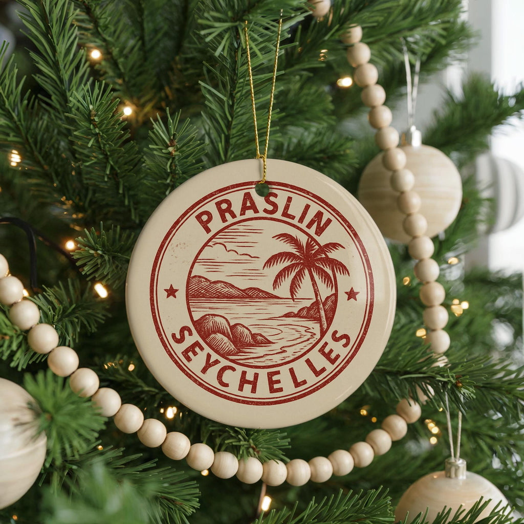 Praslin Seychelles Ceramic Ornament – Circular Stamp Style Travel Souvenir, Beach Island Decor, Tropical Holiday Gift — photo 1