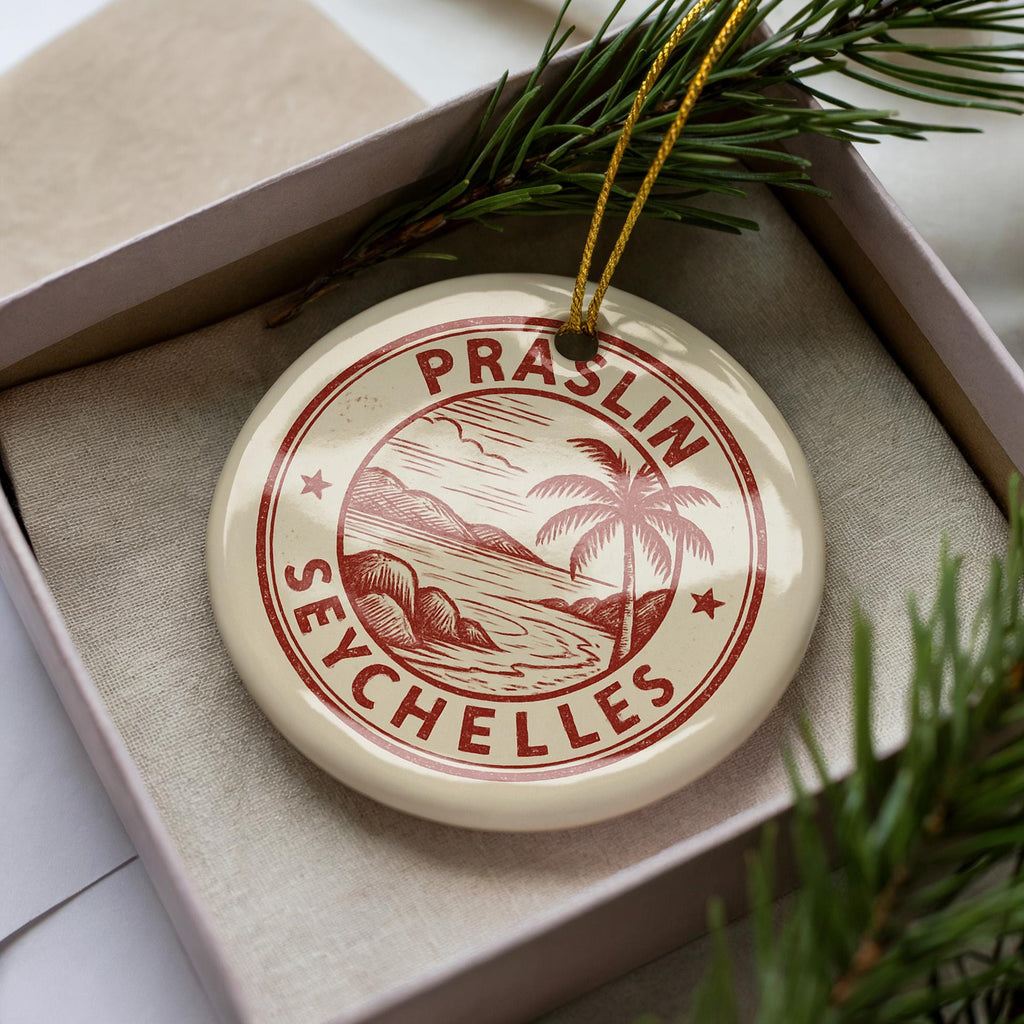 Praslin Seychelles Ceramic Ornament – Circular Stamp Style Travel Souvenir, Beach Island Decor, Tropical Holiday Gift — photo 2