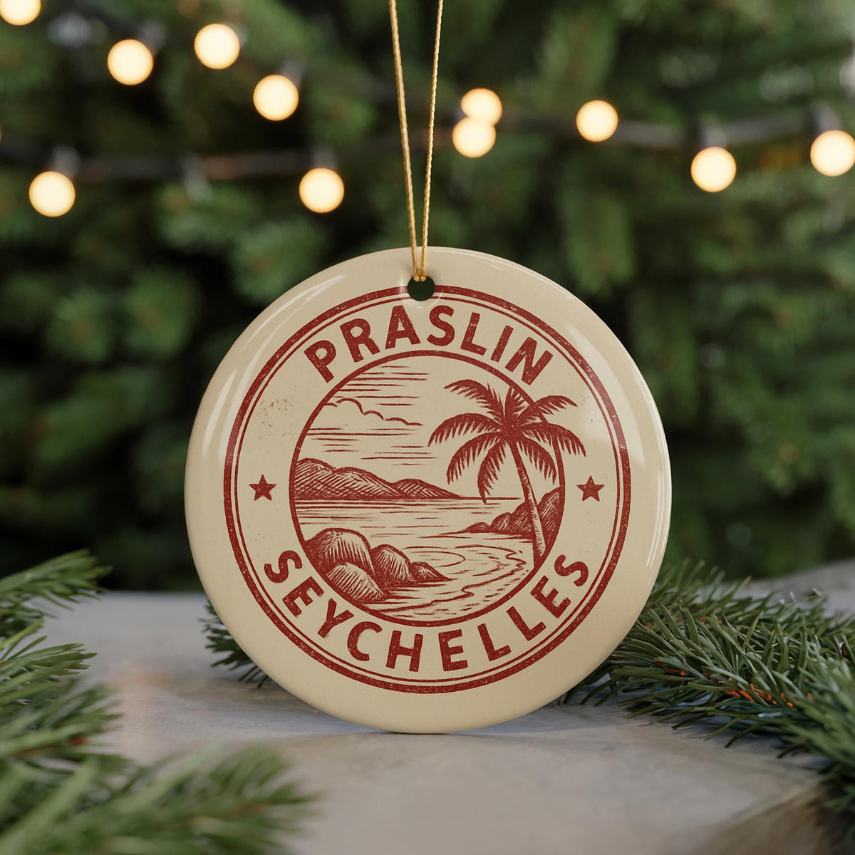 Praslin Seychelles Ceramic Ornament – Circular Stamp Style Travel Souvenir, Beach Island Decor, Tropical Holiday Gift — photo 5