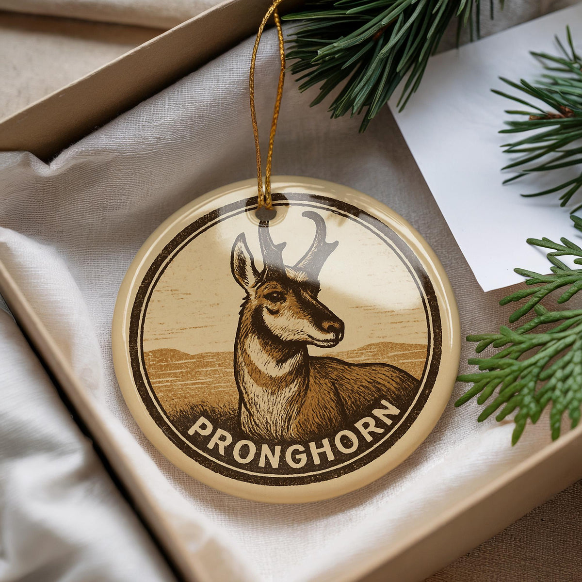 Pronghorn Ceramic Ornament – Circular Wildlife Stamp Art, Rustic Animal Christmas Decor, Nature Lover Gift — photo 4