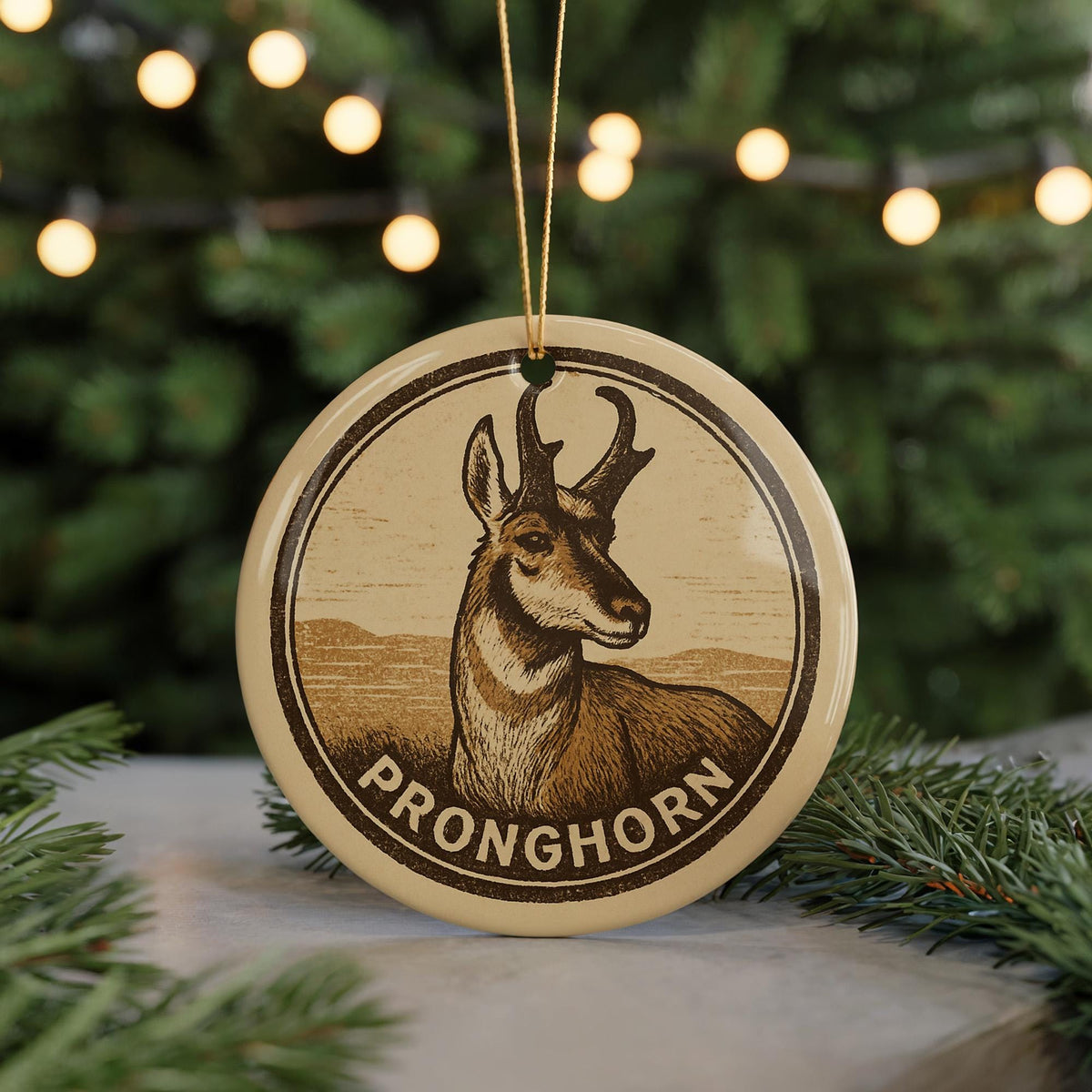 Pronghorn Ceramic Ornament – Circular Wildlife Stamp Art, Rustic Animal Christmas Decor, Nature Lover Gift — photo 5