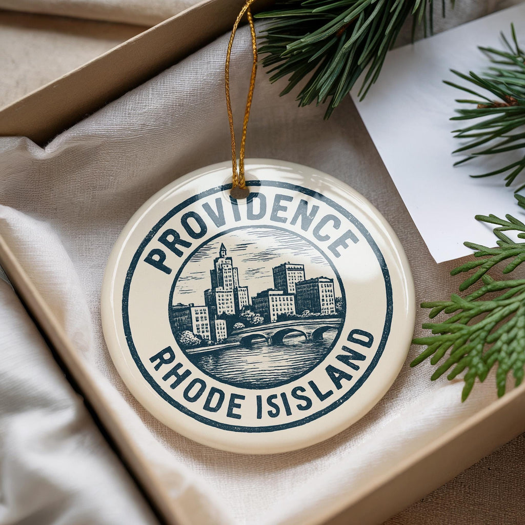 Providence Rhode Island Ceramic Ornament – Circular Stamp Style City Souvenir, State Pride Holiday Decor Gift — photo 1
