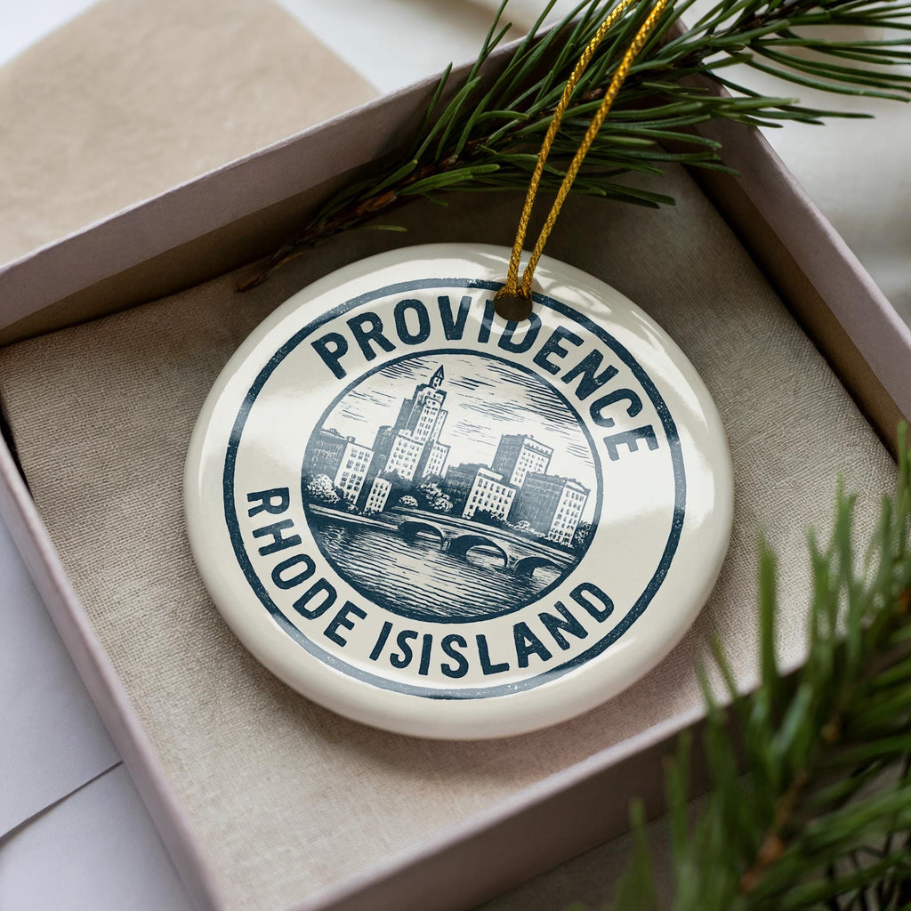 Providence Rhode Island Ceramic Ornament – Circular Stamp Style City Souvenir, State Pride Holiday Decor Gift — photo 3