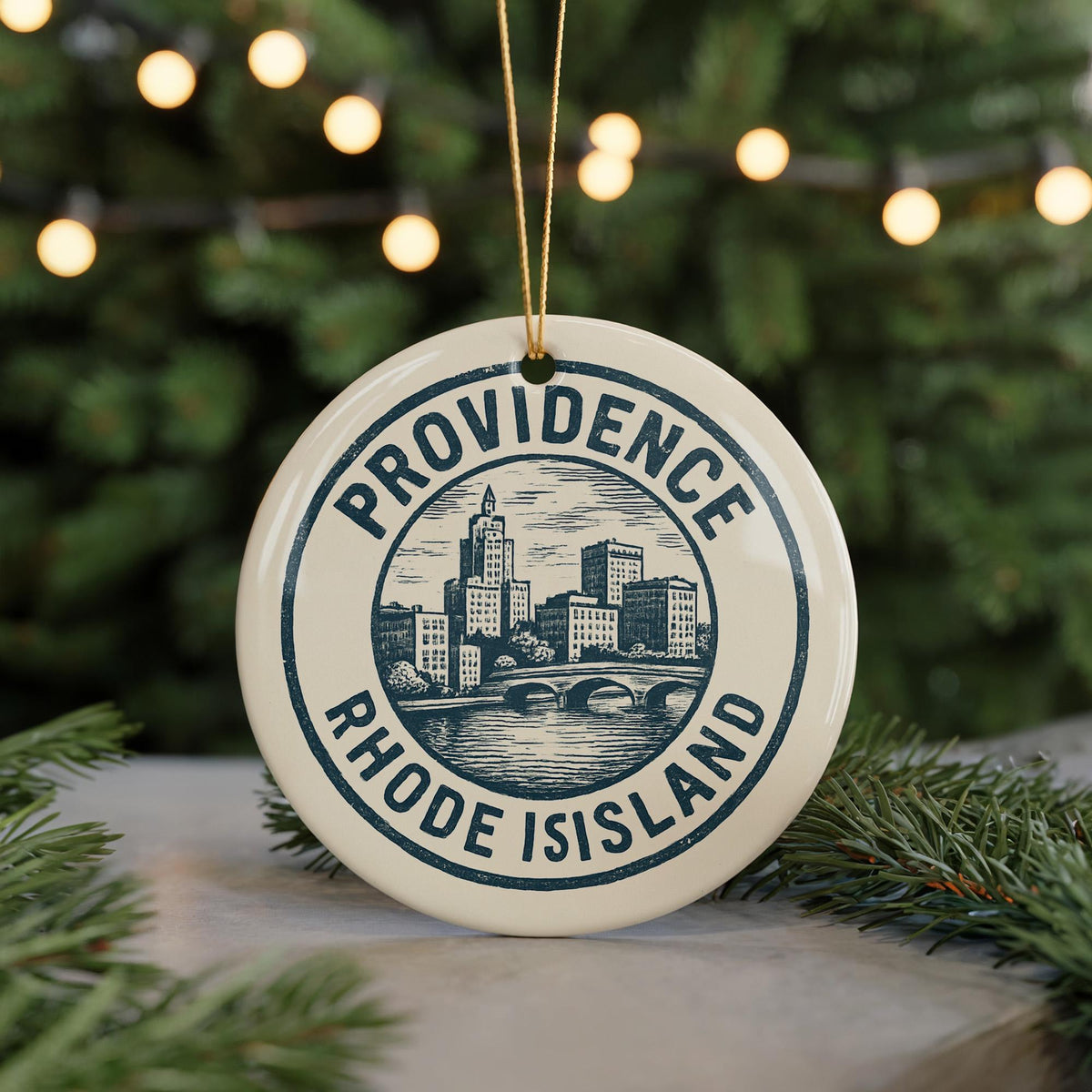 Providence Rhode Island Ceramic Ornament – Circular Stamp Style City Souvenir, State Pride Holiday Decor Gift — photo 5
