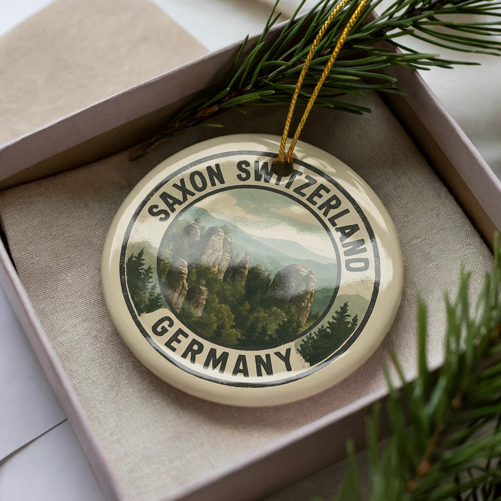 Saxon Switzerland Ceramic Ornament – Circular Stamp Style Art, Rustic Travel Souvenir, Scenic Germany Holiday Decor — photo 1