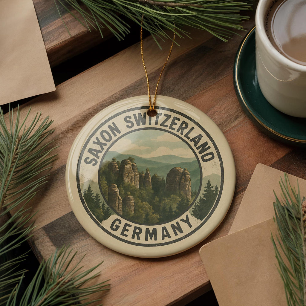 Saxon Switzerland Ceramic Ornament – Circular Stamp Style Art, Rustic Travel Souvenir, Scenic Germany Holiday Decor — photo 3