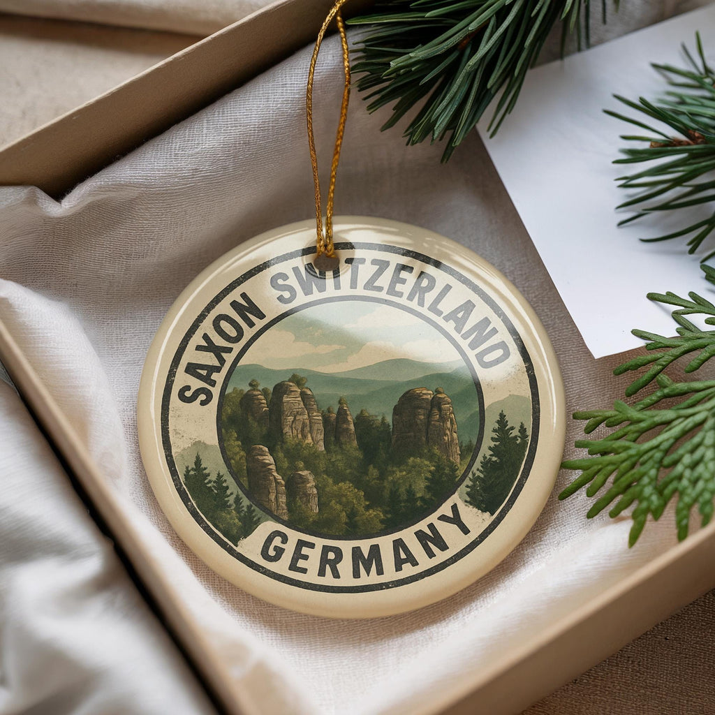 Saxon Switzerland Ceramic Ornament – Circular Stamp Style Art, Rustic Travel Souvenir, Scenic Germany Holiday Decor — photo 4