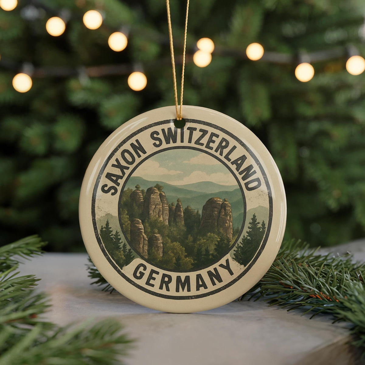 Saxon Switzerland Ceramic Ornament – Circular Stamp Style Art, Rustic Travel Souvenir, Scenic Germany Holiday Decor — photo 5