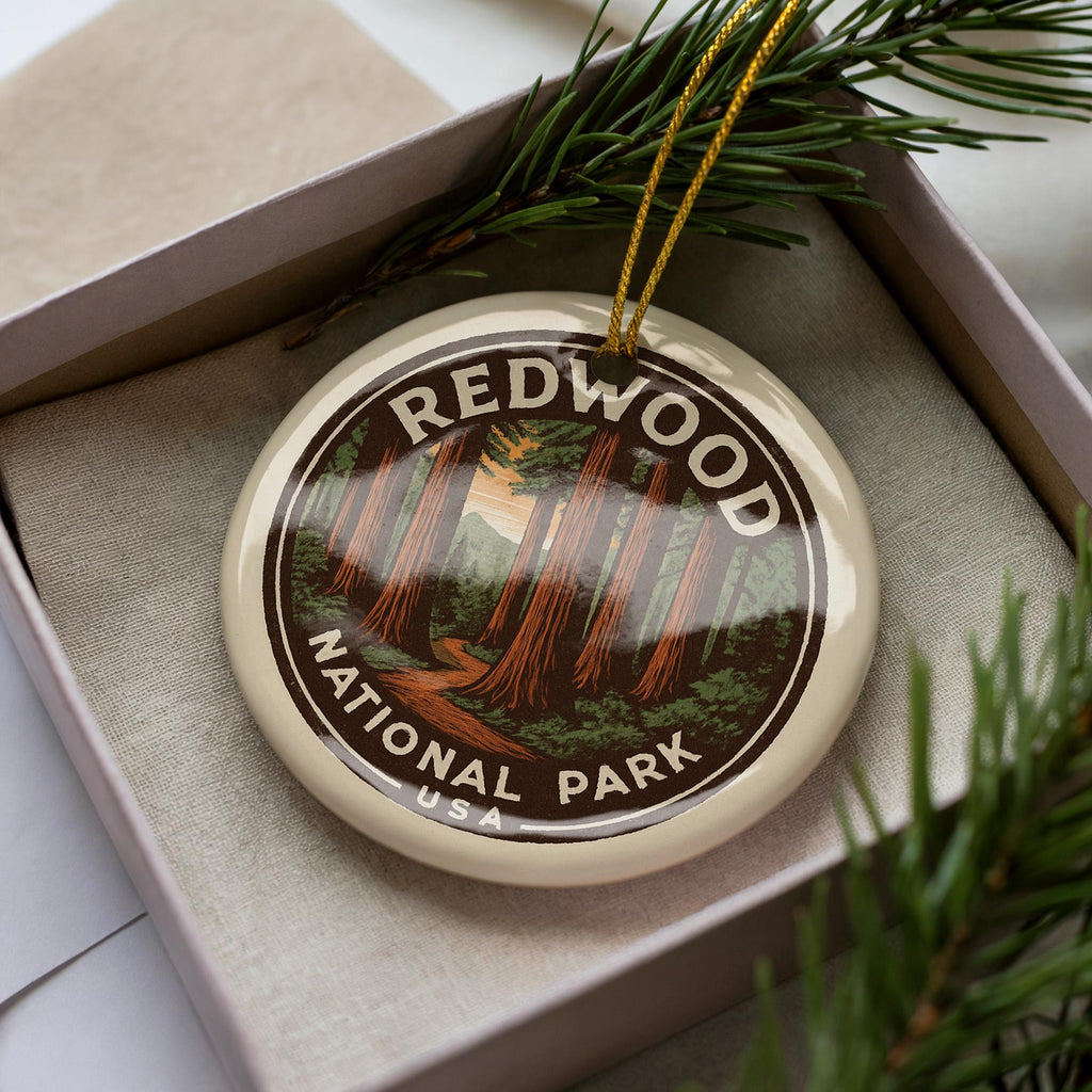 Redwood National Park Ceramic Ornament – Circular Stamp Style Nature Art, Forest Souvenir Tree Decor Gift — photo 1