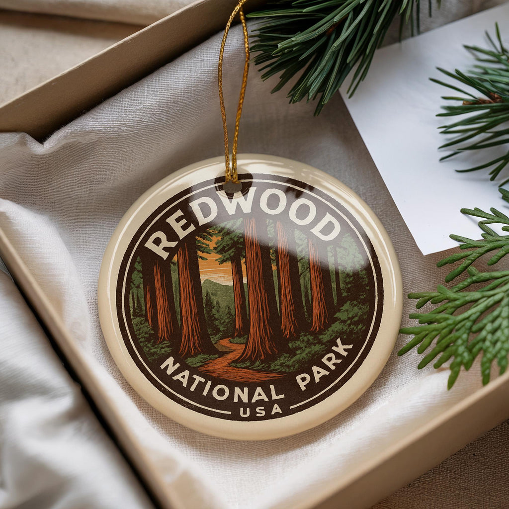 Redwood National Park Ceramic Ornament – Circular Stamp Style Nature Art, Forest Souvenir Tree Decor Gift — photo 2
