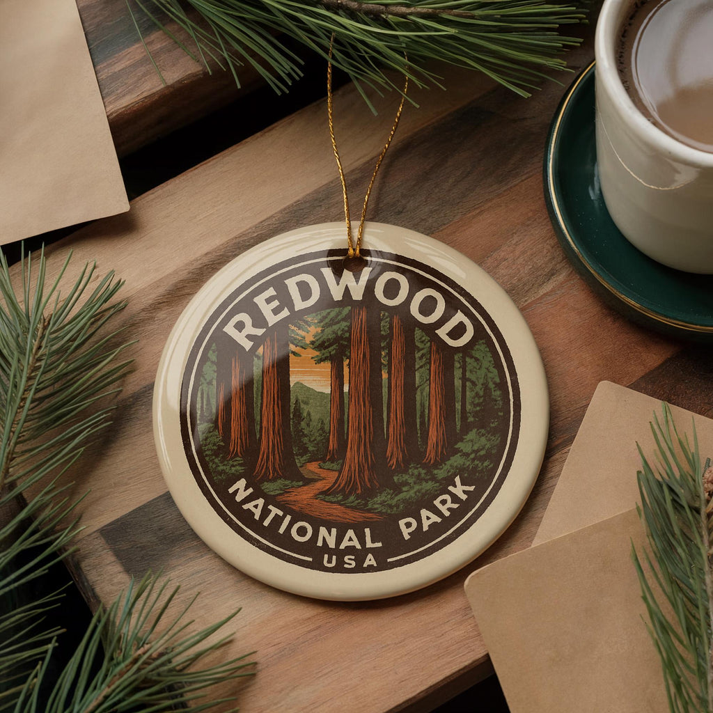 Redwood National Park Ceramic Ornament – Circular Stamp Style Nature Art, Forest Souvenir Tree Decor Gift — photo 3