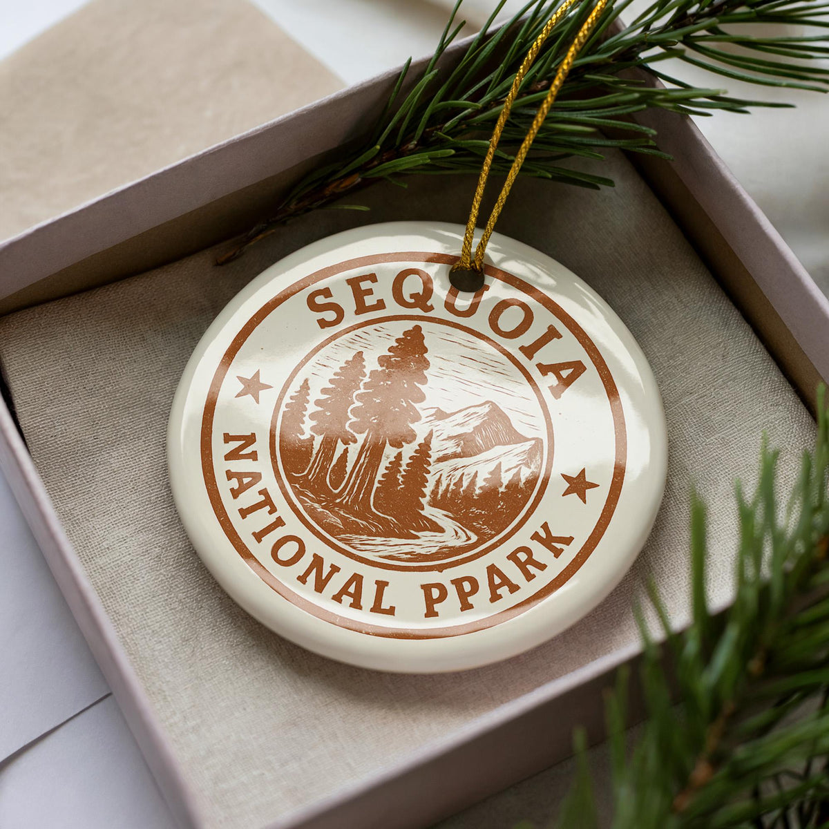 Sequoia National Park Ceramic Ornament – Circular Stamp Style Nature Art, Rustic Travel Keepsake, Tree Lover Gift — photo 1
