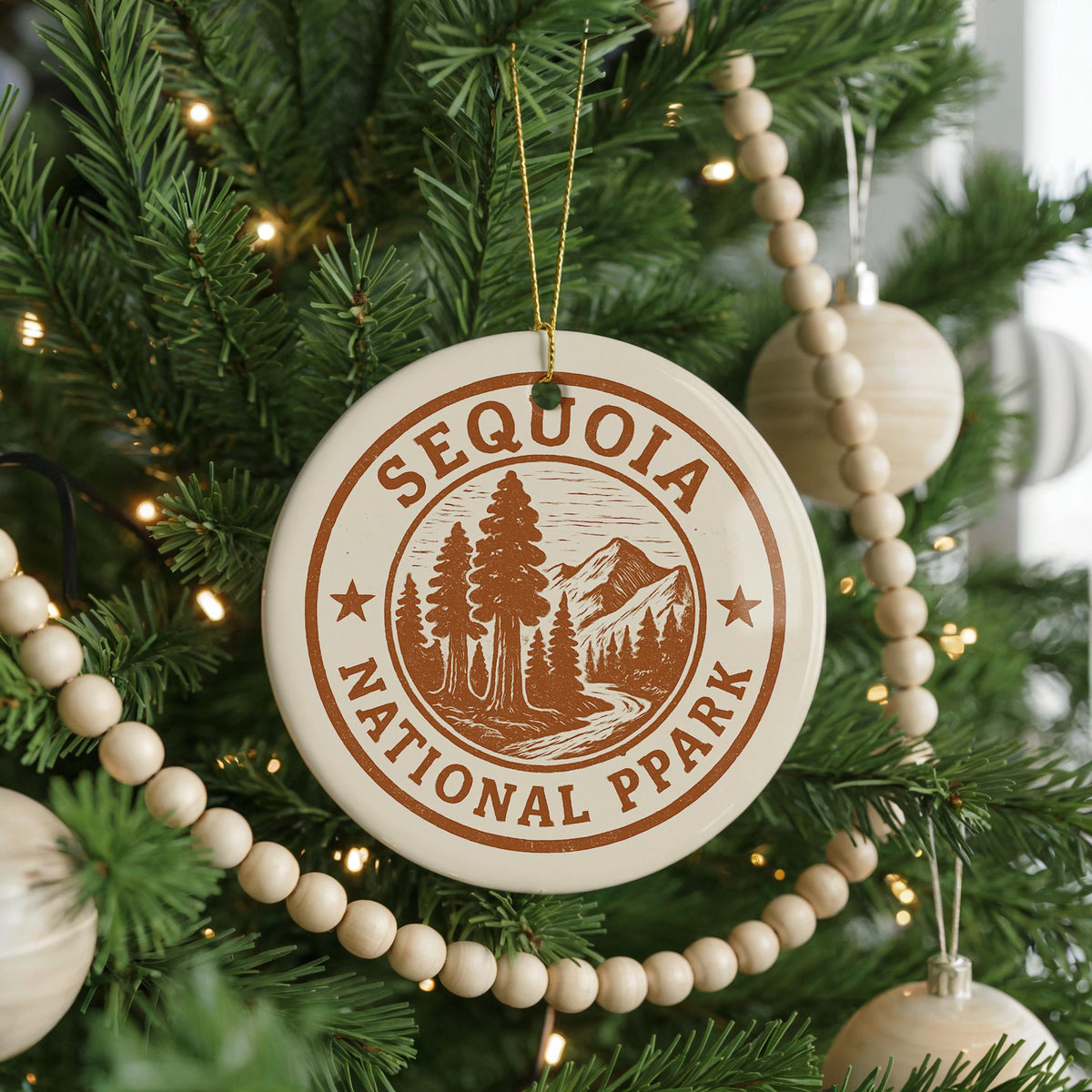 Sequoia National Park Ceramic Ornament – Circular Stamp Style Nature Art, Rustic Travel Keepsake, Tree Lover Gift — photo 2