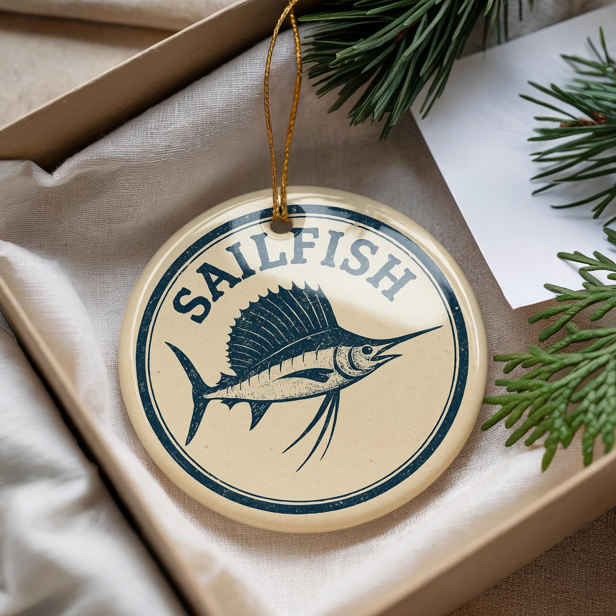 Sailfish Ceramic Ornament – Nautical Circular Stamp Art, Ocean Fish Christmas Decor, Coastal Beach House Gift Idea — photo 3