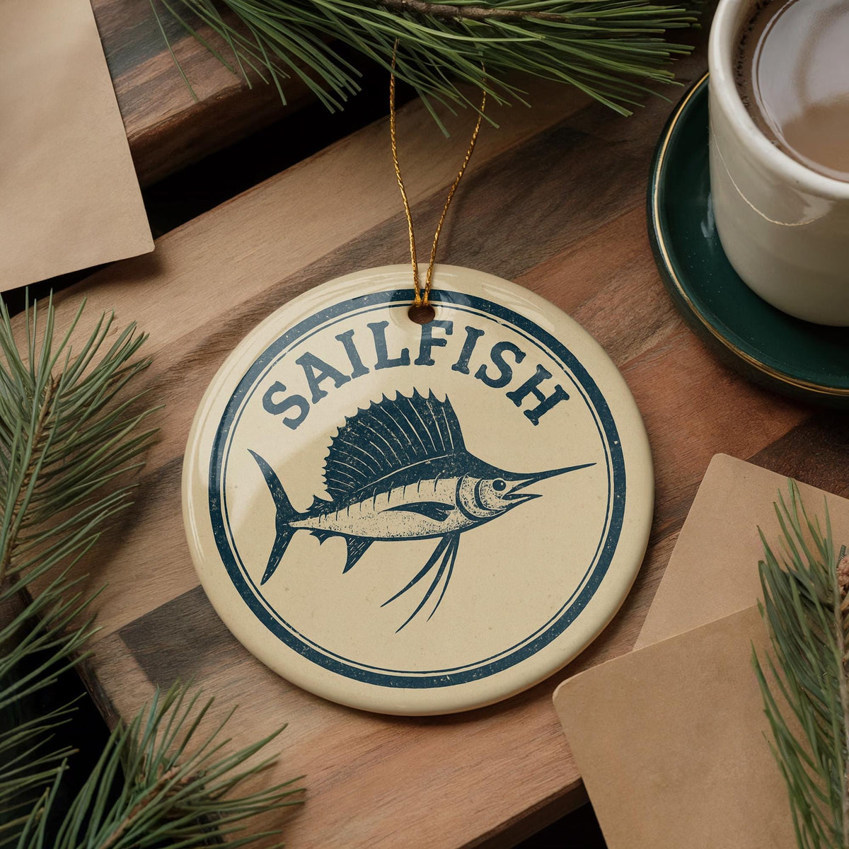 Sailfish Ceramic Ornament – Nautical Circular Stamp Art, Ocean Fish Christmas Decor, Coastal Beach House Gift Idea — photo 4
