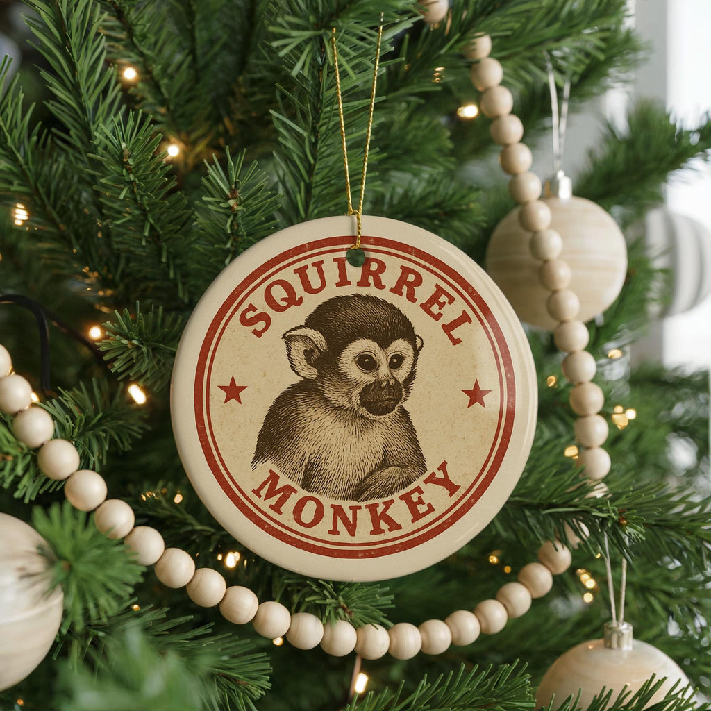 Squirrel Monkey Ceramic Ornament – Round Stamp Style Jungle Animal Art – Wildlife Tree Decoration – Gift for Nature Lovers — photo 1