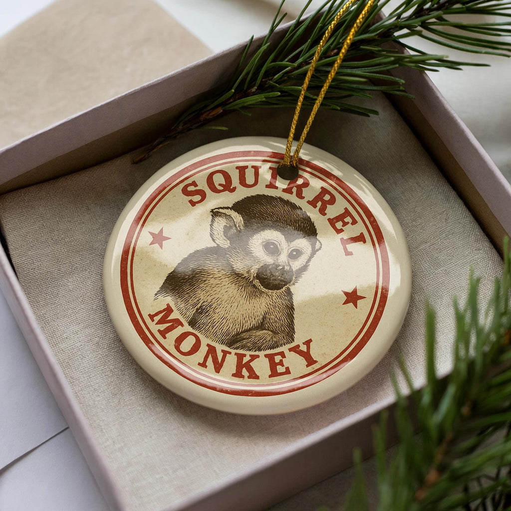 Squirrel Monkey Ceramic Ornament – Round Stamp Style Jungle Animal Art – Wildlife Tree Decoration – Gift for Nature Lovers — photo 2