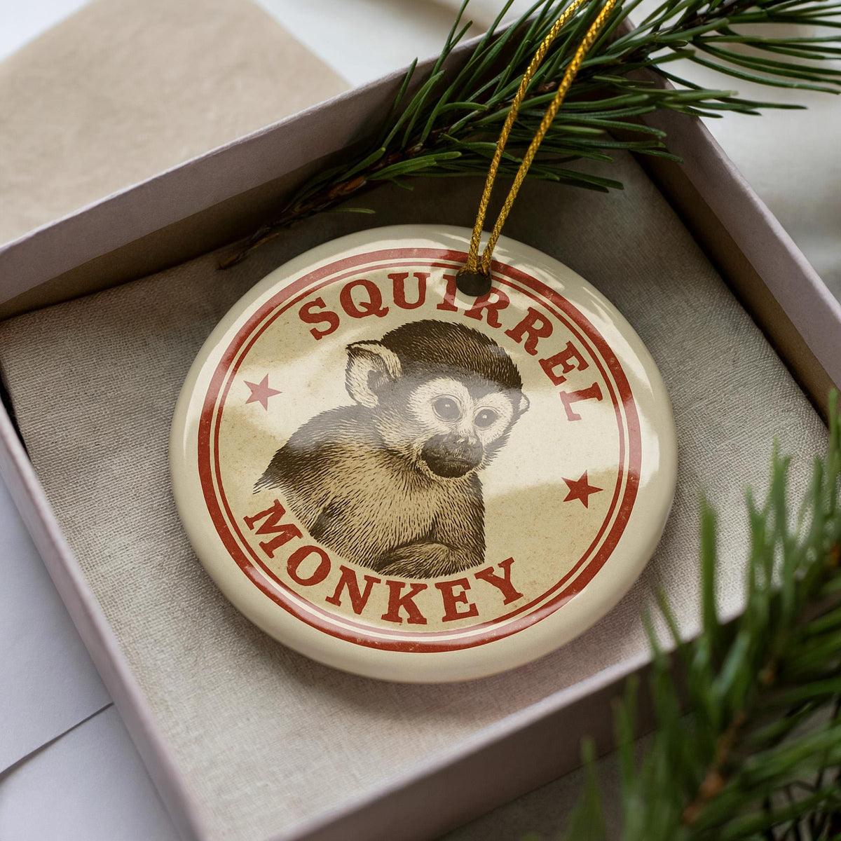 Squirrel Monkey Ceramic Ornament – Round Stamp Style Jungle Animal Art – Wildlife Tree Decoration – Gift for Nature Lovers — photo 2