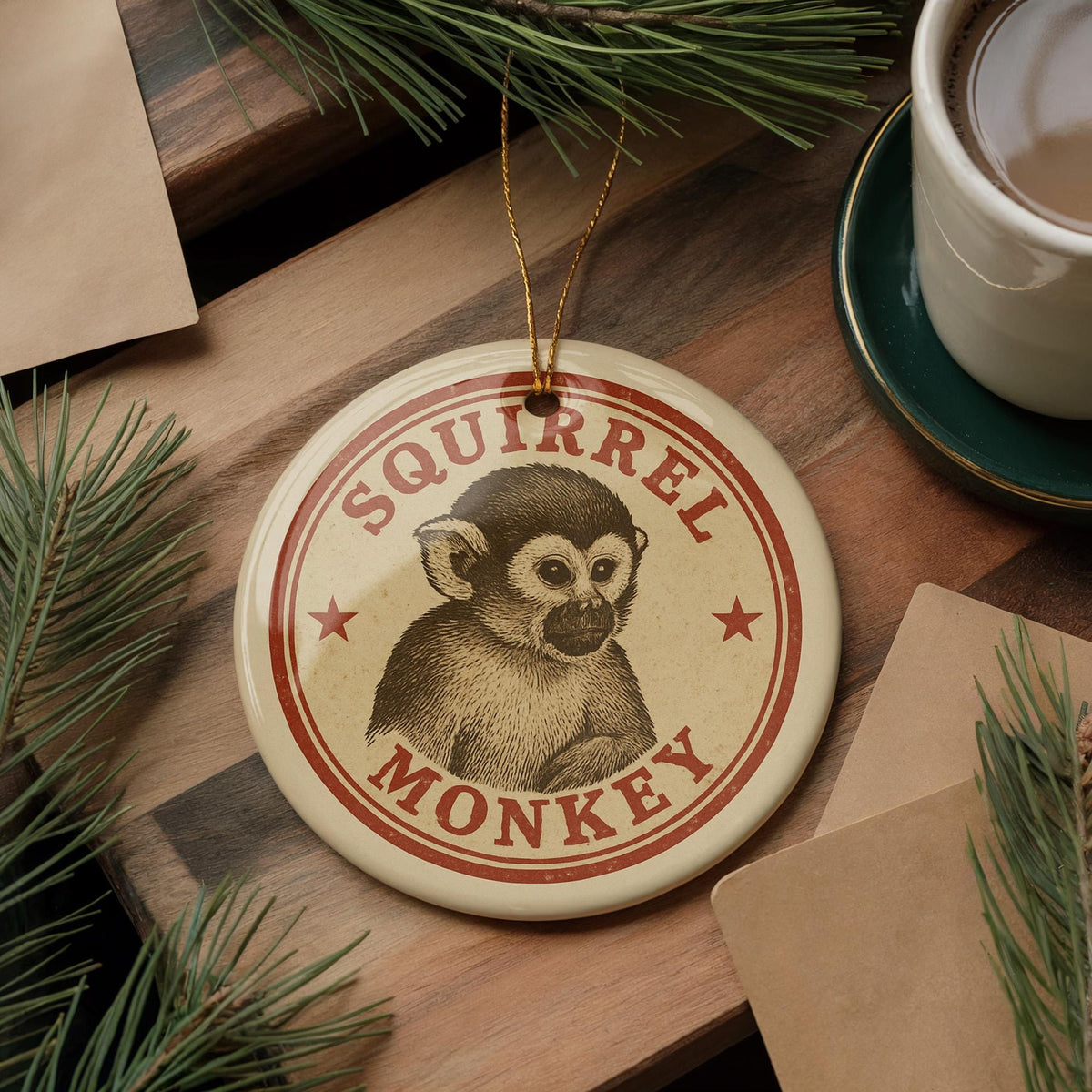Squirrel Monkey Ceramic Ornament – Round Stamp Style Jungle Animal Art – Wildlife Tree Decoration – Gift for Nature Lovers — photo 3