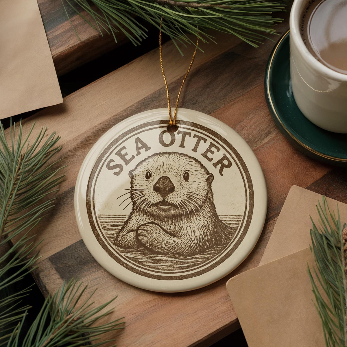 Sea Otter Ceramic Ornament – Round Ocean Animal Art, Coastal Wildlife Decor, Nautical Gift, Marine Life Christmas Keepsake — photo 2
