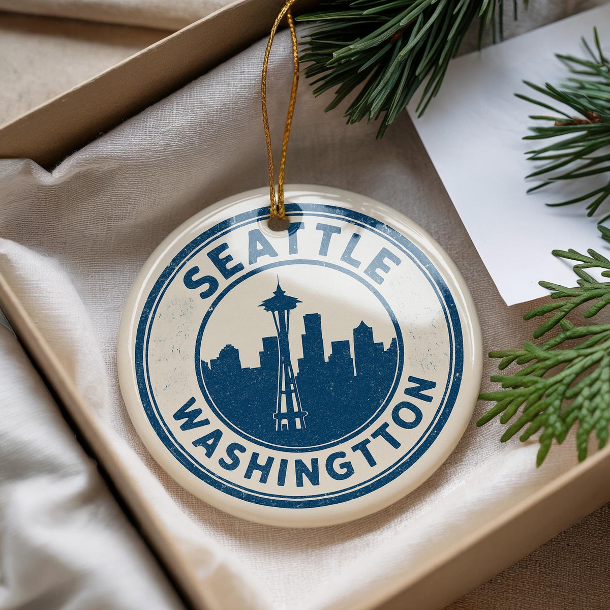 Seattle Washington Ceramic Ornament – Circular Stamp Style Travel Souvenir, Cityscape Keepsake Gift, Handcrafted Holiday Decor — photo 1