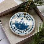 Seattle Washington Ceramic Ornament – Circular Stamp Style Travel Souvenir, Cityscape Keepsake Gift, Handcrafted Holiday Decor — photo 2