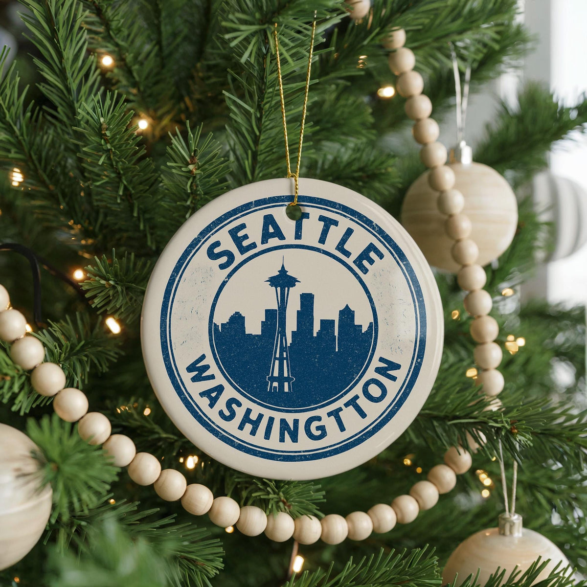 Seattle Washington Ceramic Ornament – Circular Stamp Style Travel Souvenir, Cityscape Keepsake Gift, Handcrafted Holiday Decor — photo 3