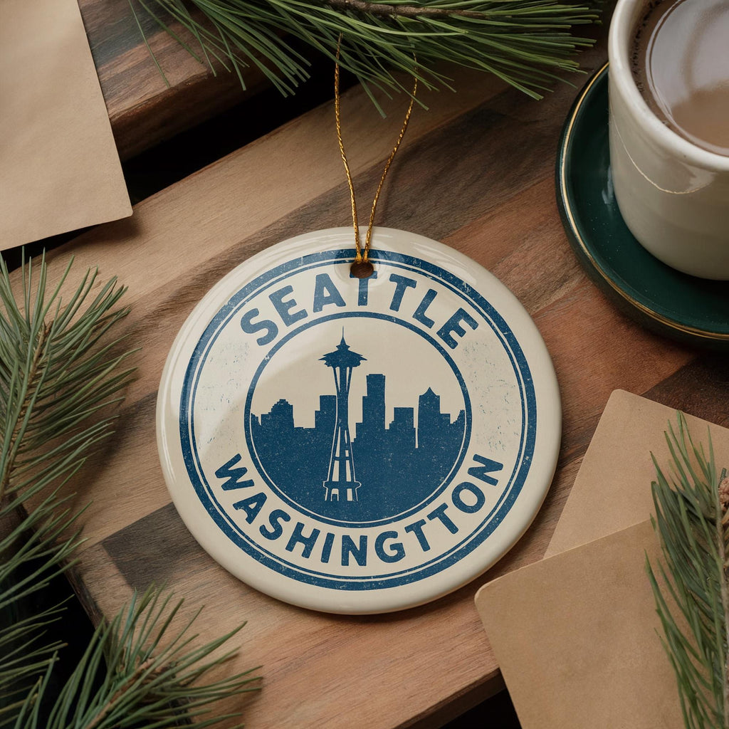 Seattle Washington Ceramic Ornament – Circular Stamp Style Travel Souvenir, Cityscape Keepsake Gift, Handcrafted Holiday Decor — photo 4