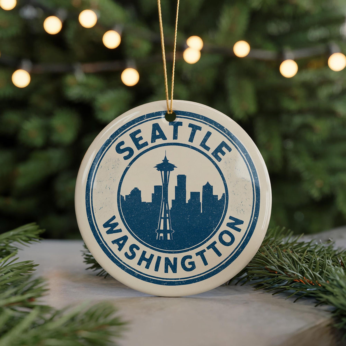 Seattle Washington Ceramic Ornament – Circular Stamp Style Travel Souvenir, Cityscape Keepsake Gift, Handcrafted Holiday Decor — photo 5