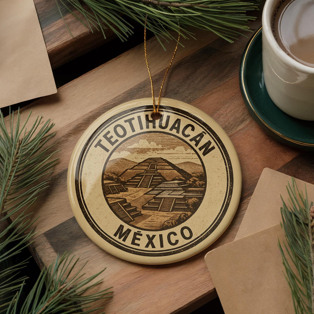 Teotihuacan Mexico Ceramic Ornament – Circular Stamp Style Travel Souvenir, Mexican Heritage Holiday Decoration — photo 4