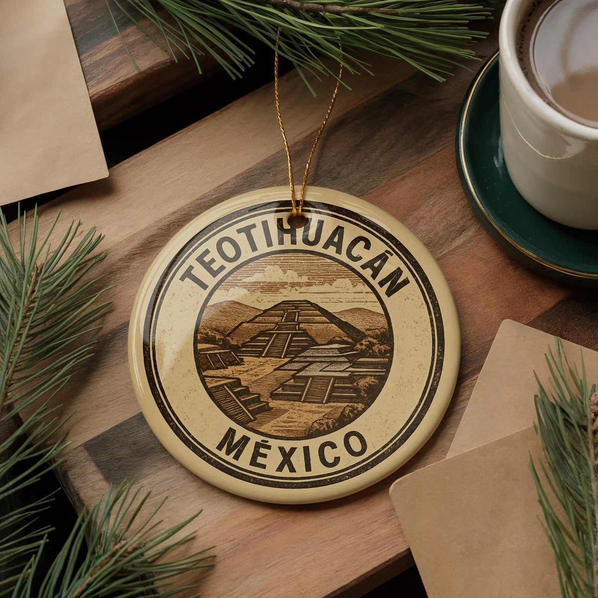 Teotihuacan Mexico Ceramic Ornament – Circular Stamp Style Travel Souvenir, Mexican Heritage Holiday Decoration — photo 4