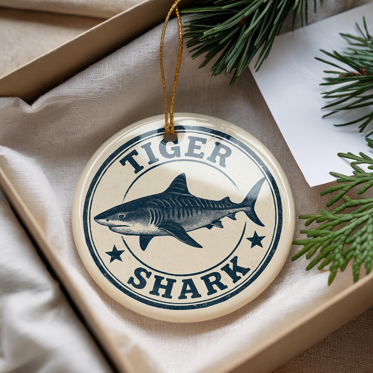 Tiger Shark Ceramic Ornament – Ocean Wildlife Art, Round Coastal Decor, Marine Animal Gift, Nautical Christmas Ornament — photo 1