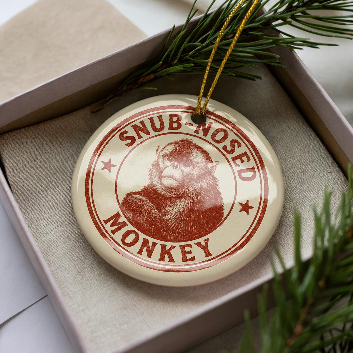 Snub-Nosed Monkey Ceramic Ornament – Circular Wildlife Stamp Art, Handcrafted Animal Lover Gift, Nature-Inspired Decor — photo 2