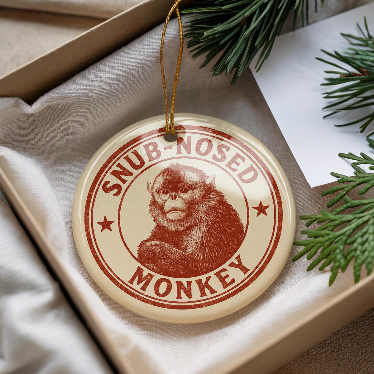 Snub-Nosed Monkey Ceramic Ornament – Circular Wildlife Stamp Art, Handcrafted Animal Lover Gift, Nature-Inspired Decor — photo 3