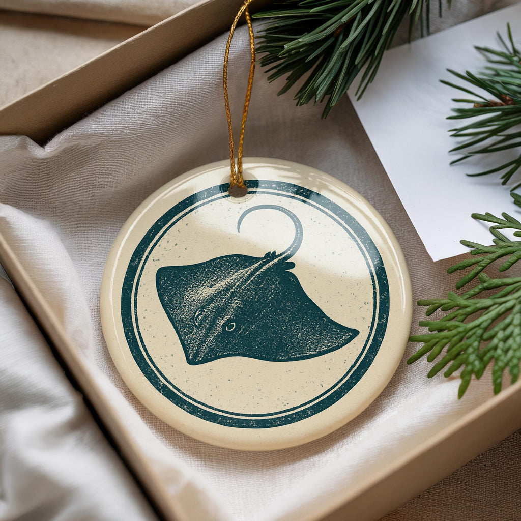 Stingray Ceramic Ornament – Ocean Animal Circular Stamp Art, Coastal Marine Life Decor, Beachy Nautical Gift Idea — photo 2