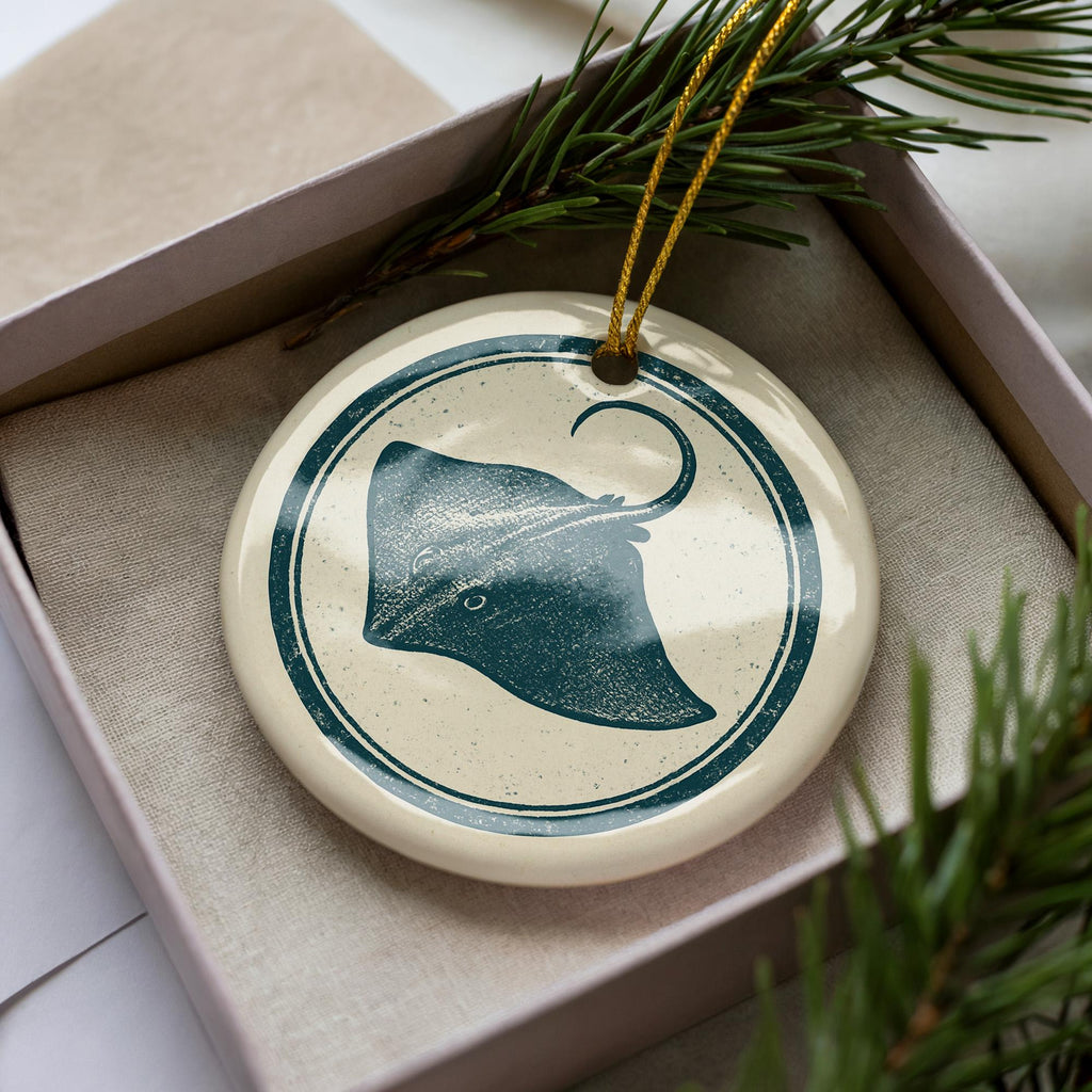 Stingray Ceramic Ornament – Ocean Animal Circular Stamp Art, Coastal Marine Life Decor, Beachy Nautical Gift Idea — photo 3