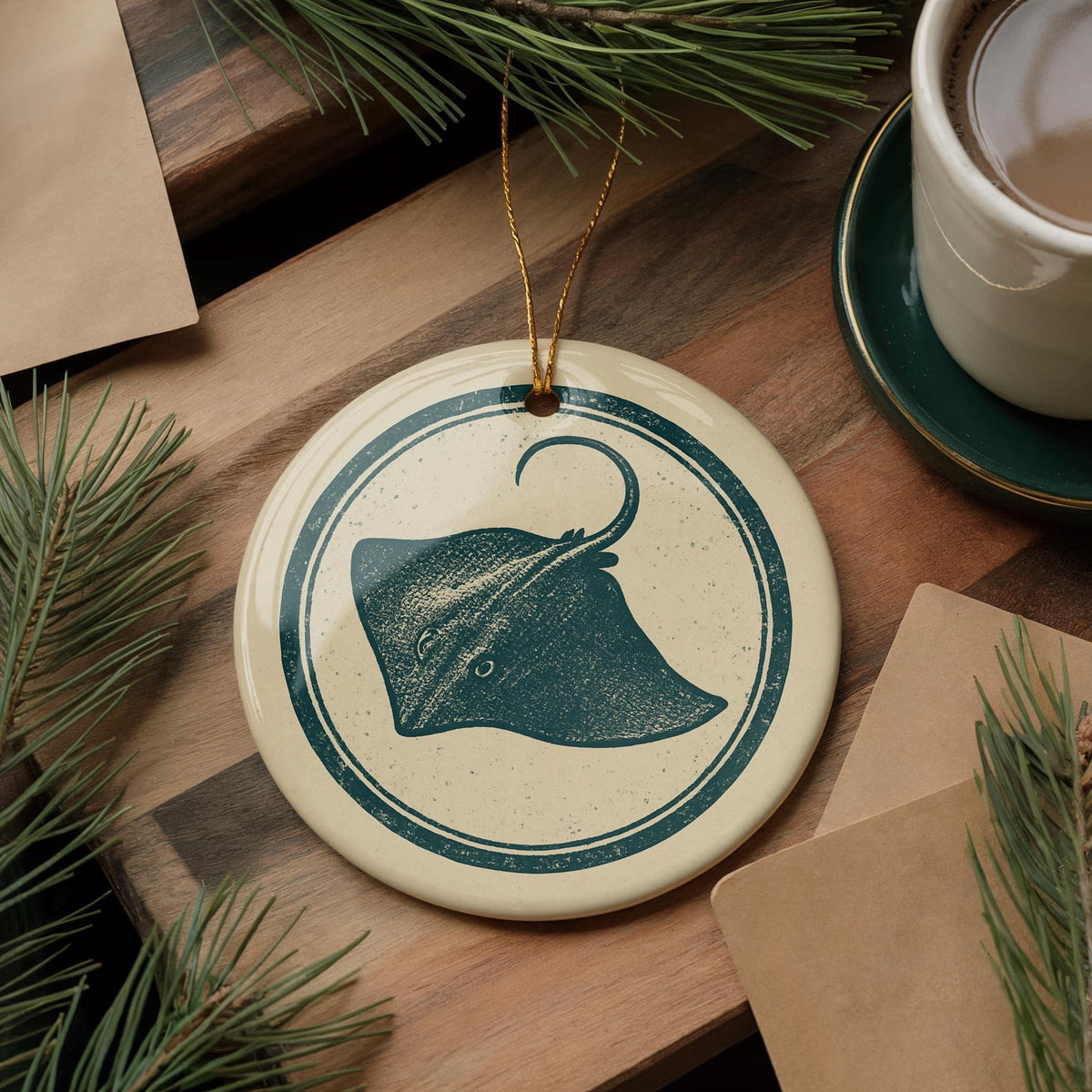 Stingray Ceramic Ornament – Ocean Animal Circular Stamp Art, Coastal Marine Life Decor, Beachy Nautical Gift Idea — photo 4
