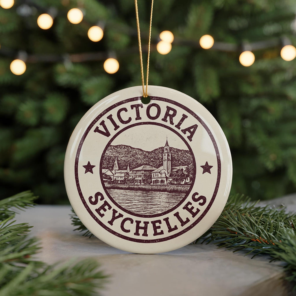 Victoria Seychelles Ceramic Ornament – Round Stamp Style Travel Souvenir, Coastal Island Keepsake, Beach Holiday Decor — photo 3