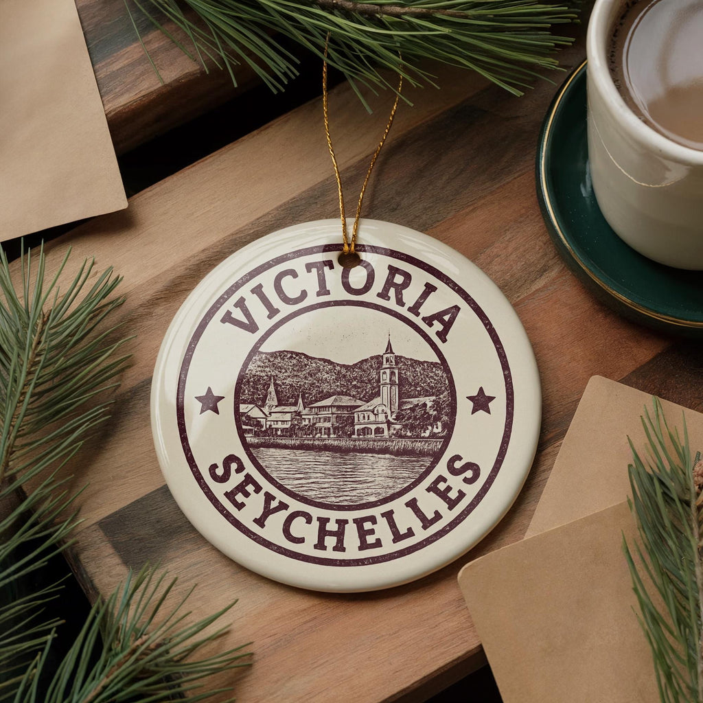 Victoria Seychelles Ceramic Ornament – Round Stamp Style Travel Souvenir, Coastal Island Keepsake, Beach Holiday Decor — photo 4