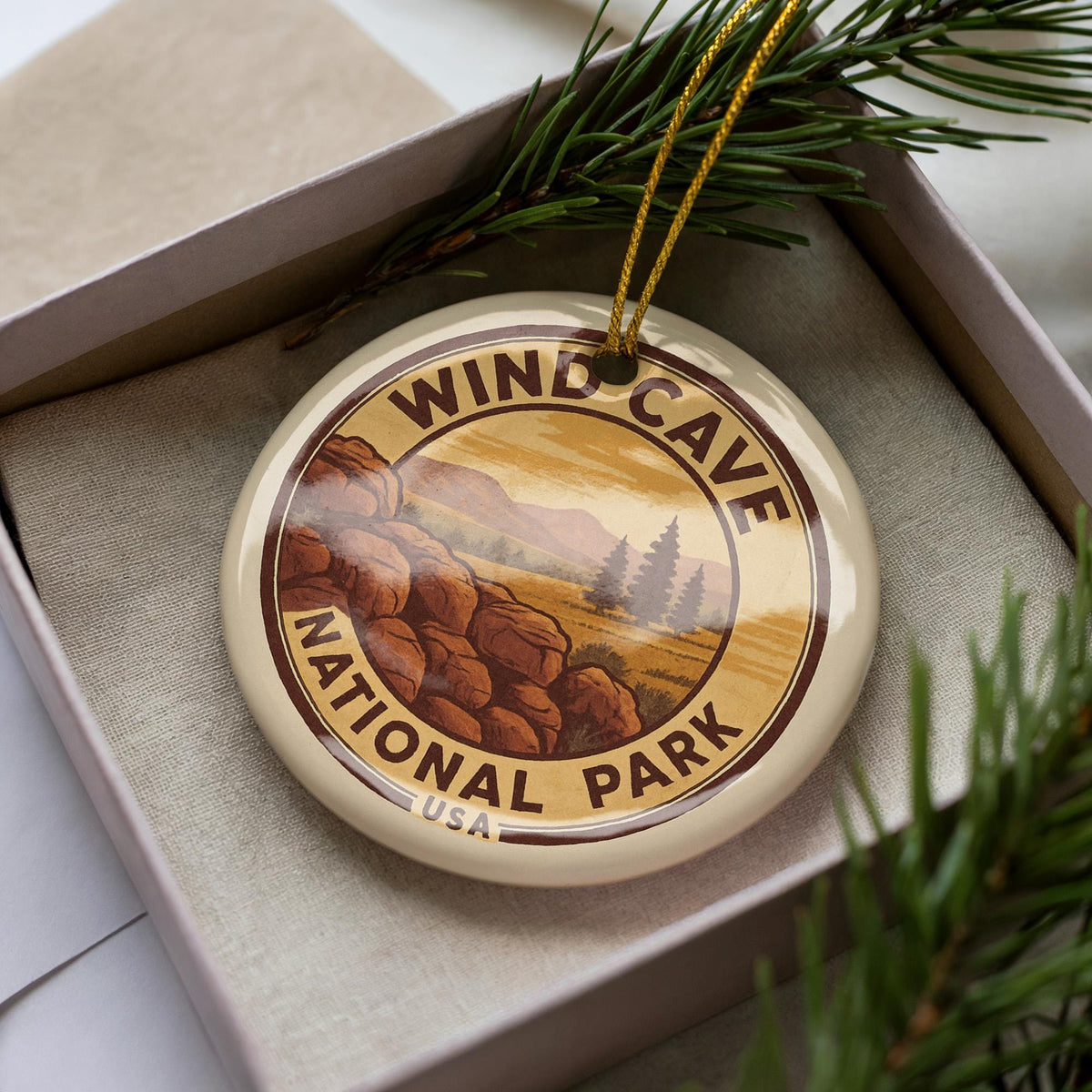 Wind Cave National Park Ornament – Circular Stamp Style Ceramic Keepsake – Nature Gift, Hiking Souvenir, Travel Decor — photo 1