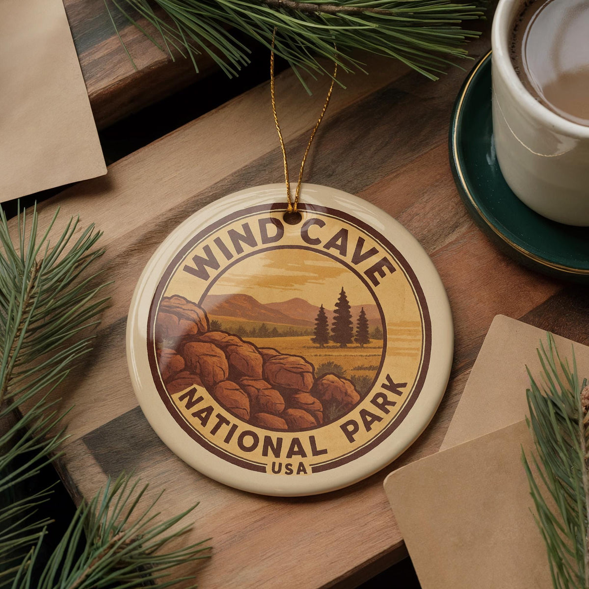 Wind Cave National Park Ornament – Circular Stamp Style Ceramic Keepsake – Nature Gift, Hiking Souvenir, Travel Decor — photo 3