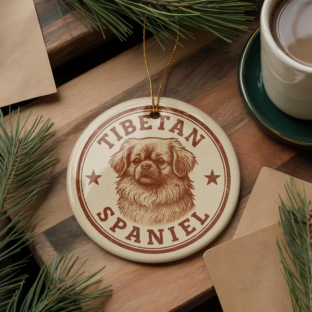Tibetan Spaniel Dog Ceramic Ornament – Circular Stamp Style Art, Holiday Gift, Pet Lover Keepsake, Christmas Tree Decor — photo 1